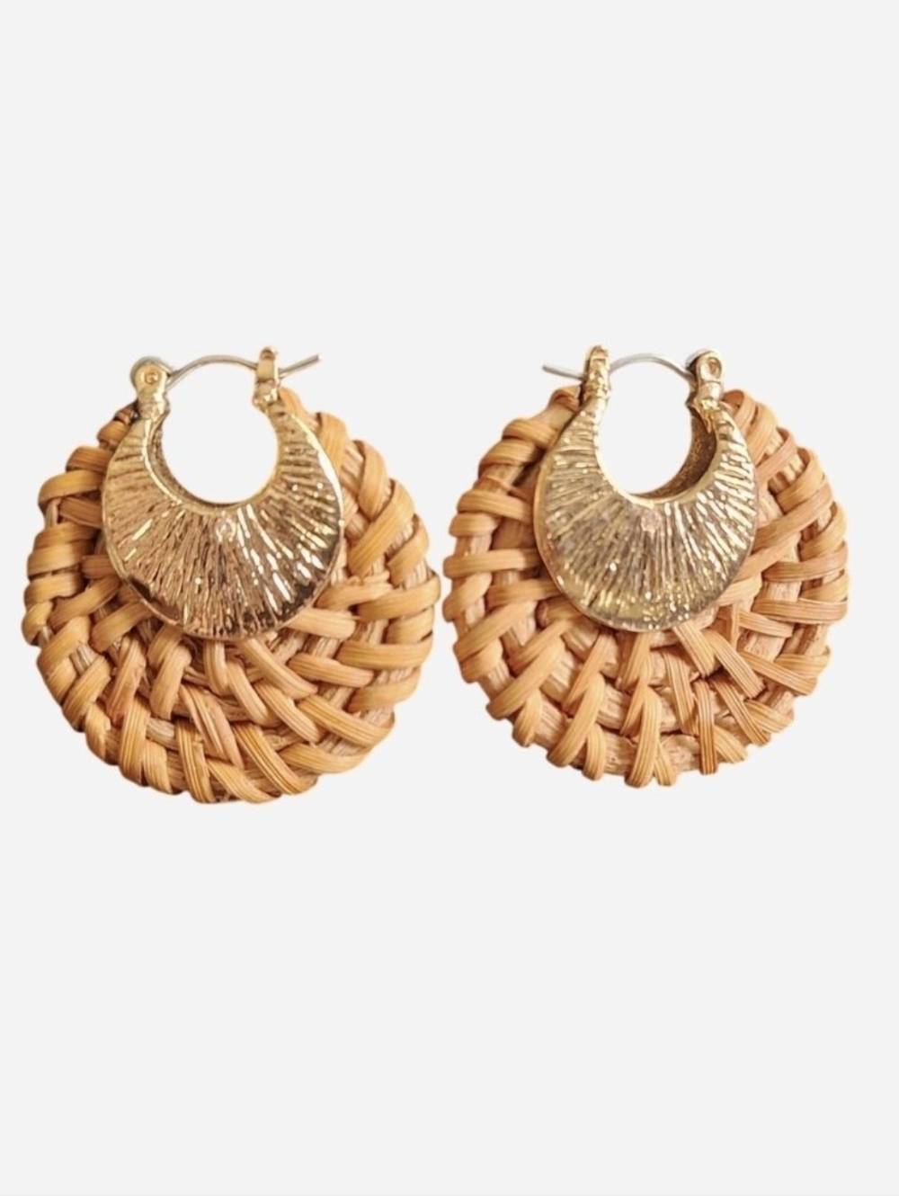 Small Rattan huggie hoop earrings with gold detailing